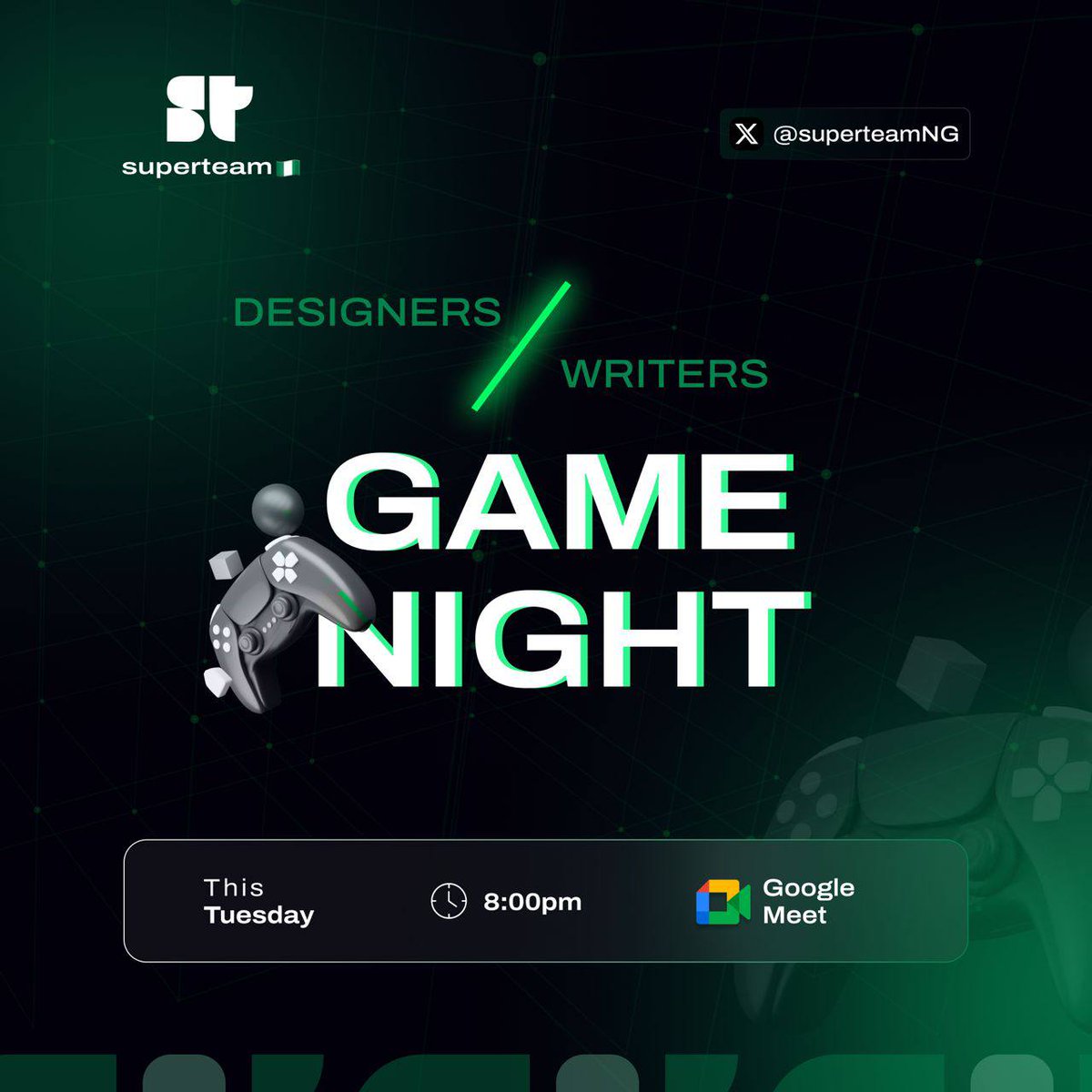 callme_TOC's tweet photo. TONIGHT! 🚨 

@SuperteamNG Designers vs Writers in an epic game night! 🎮

All work and no play... 😂 

Our community leads @Adedamolajoke &amp; @BintuParis have an amazing prize pool lined up! 💸 

It's about the alpha, fun, and vibes! 💥 LFG! 🥳🥳

 #SuperteamNG #GameNight https://t.co/u9uFTN4zbT