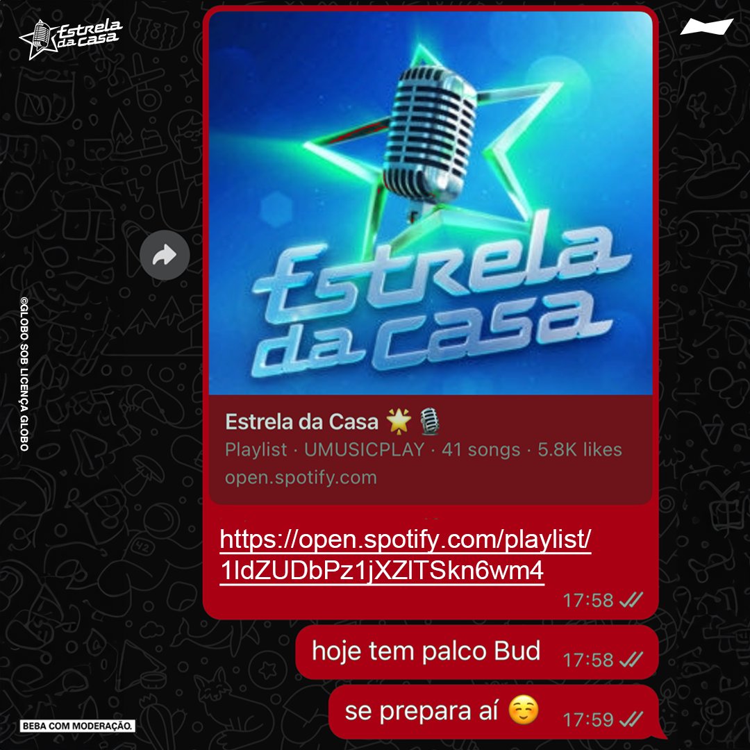 Enquanto os nossos participantes do #EstrelaDaCasa vão esquentando a voz para cantar no #PalcoBud, a gente vai aquecendo aqui também. Só tem hit! 🎧

🔗 open.spotify.com/playlist/1ldZU…

#BudNoEstrela #BebaComModeração #EstrelaDaCasa