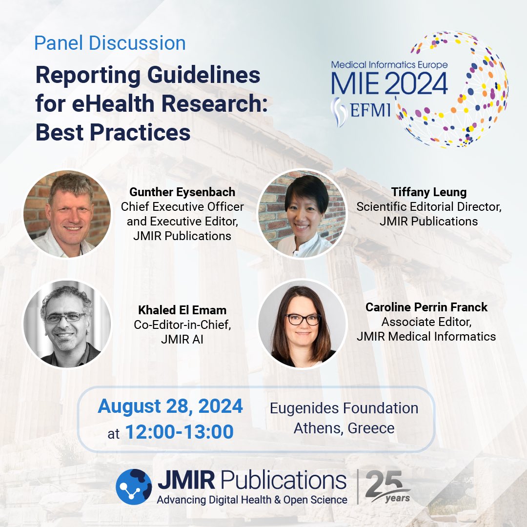 eysenbach's tweet photo. Tomorrow, I and my editor colleagues will present a panel at #MIE on reporting guidelines for #ehealth #digitalhealth #medicalinformatics #ai research and #implementationreports. Join us on Wednesday at 12 in the Conference Hall room!
#jmir #jmiratmie #jmiratmie24 #mie24 #mie2024 https://t.co/rd69HLAbvU