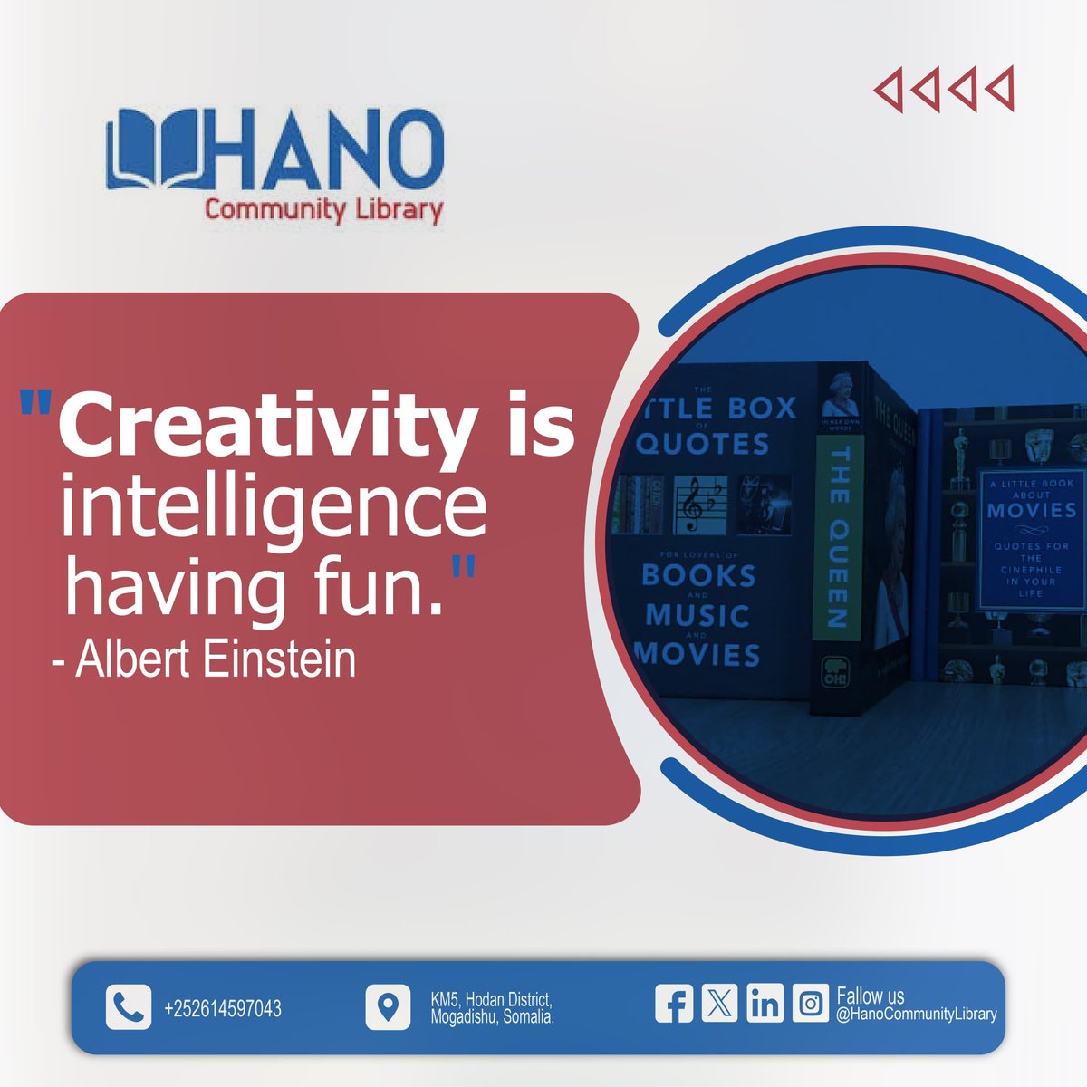 HanoLibrary's tweet photo. Creativity is Intelligence Having Fun
At Hano Community Library, dive into our Box of Inspiration a collection of quote books, stories, and movie books designed to spark your imagination.

Why wait? Come today and let your creativity soar! 

#CreativeMinds #InspirationBox #Read https://t.co/pwfX4QwiB3