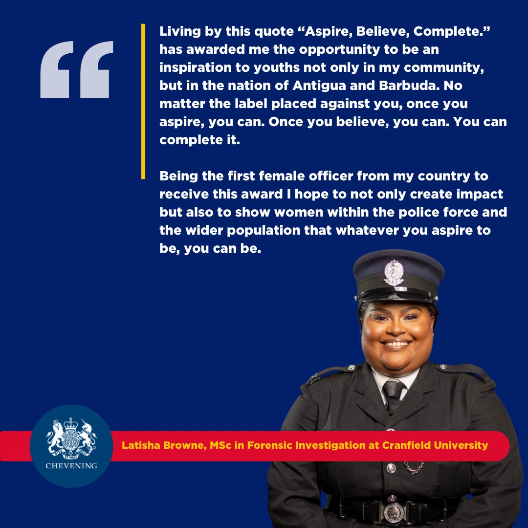 Meet our Scholar 🇬🇧🇦🇬 - Latisha Browne 

Latisha is a Forensics Technician within in the Royal Police Force of Antigua and Barbuda.

She will pursue an MSc in Forensic Investigation at Cranfield University. 

#ChosenforChevening #UKinCaribbean