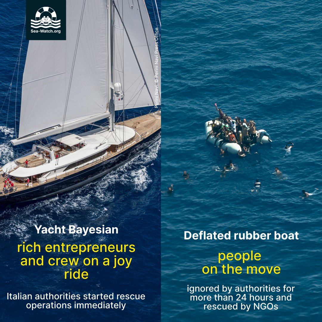 2 days ago we informed the authorities about a distress case at sea. Yesterday, the boat began to sink. Despite our calls, there was no rescue effort by authorities. The NGO <a href="/resqship/">RESQSHIP</a> rescued the people. Meanwhile, the shipwreck of a super-rich yacht made headlines worldwide.