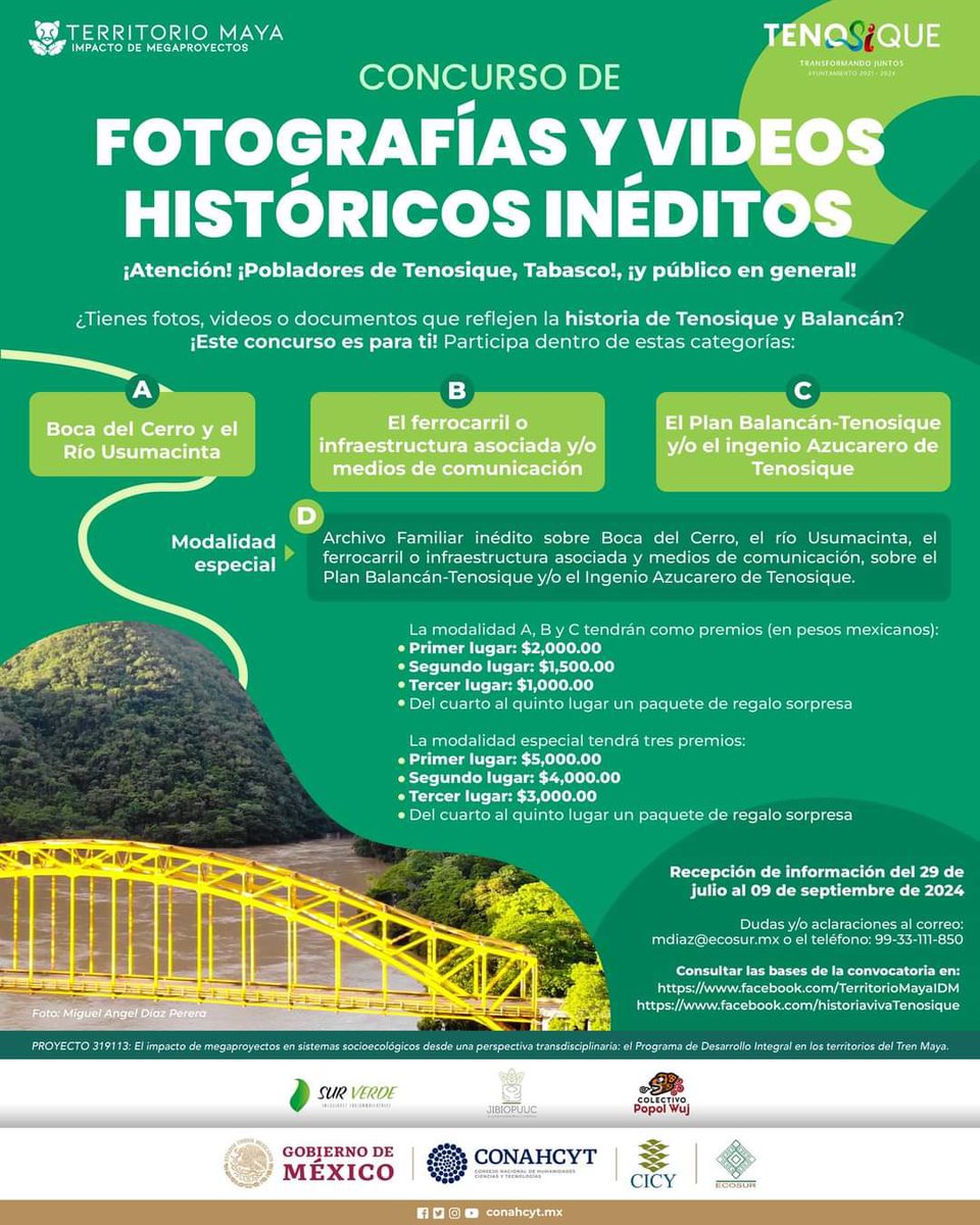 Turismo_Tabasco's tweet photo. 📸 ¿Tienes fotos, videos o documentos que reflejen la historia de #Tenosique y #Balancan? Participa en el #concurso de fotografías y videos históricos inéditos.

+info en: https://t.co/NhcvgrWhm3 👈

❇️¡Consulta las bases y participa!

#TabascoMemorable
@Conahcyt_Mex https://t.co/0EpKKdd8z6