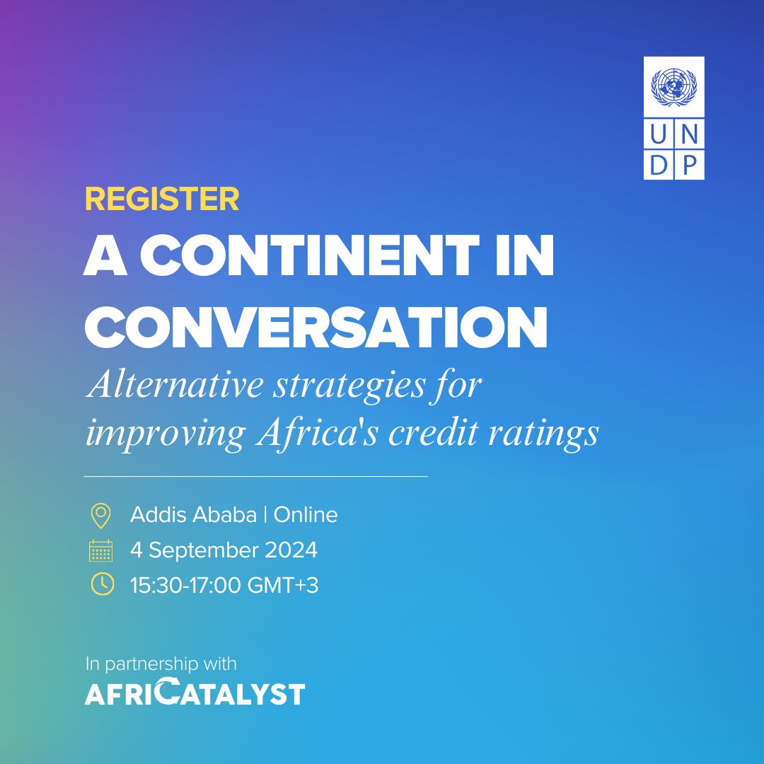 UNDPAfrica's tweet image. 🗓️ 4 Sept.

Join us for a high-level dialogue on the strategic and policy-level impacts of sovereign credit ratings on Africa’s development financing landscape, w/ @_Africatalyst

📢 REGISTER: bit.ly/ContinentInCon… 

#AfricaCreditRatings 
#DevelopmentFinance