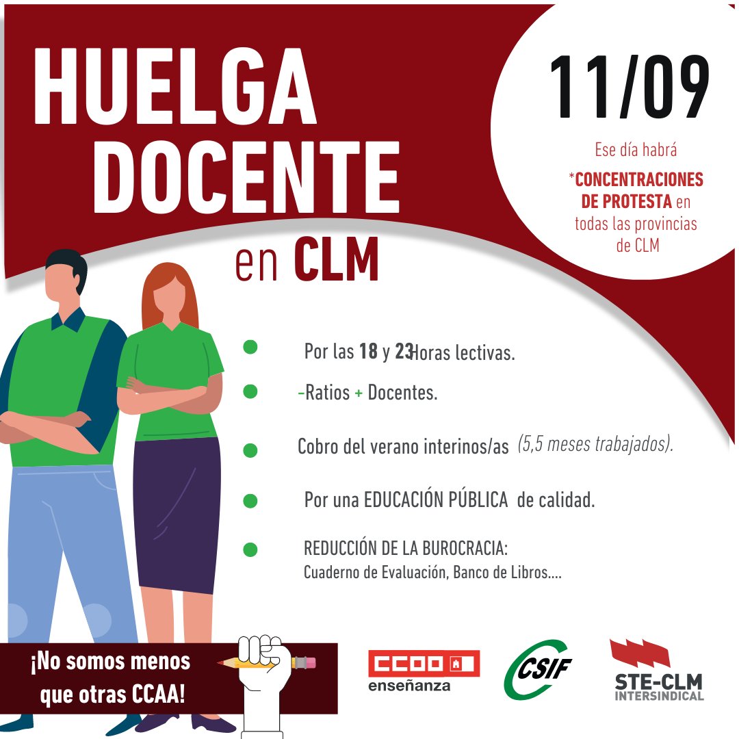 steclm's tweet photo. 📣¡YA ES OFICIAL! Huelga #docente el 11 de septiembre. 

La consejería no tiene intención de revertir los recortes a corto y medio plazo. El profesorado está sobrecargado, enfadado y harto de esta situación.

¡No somos menos que en otras comunidades autónomas!✊🏼
#Huelga11S https://t.co/UhgySkRkFQ