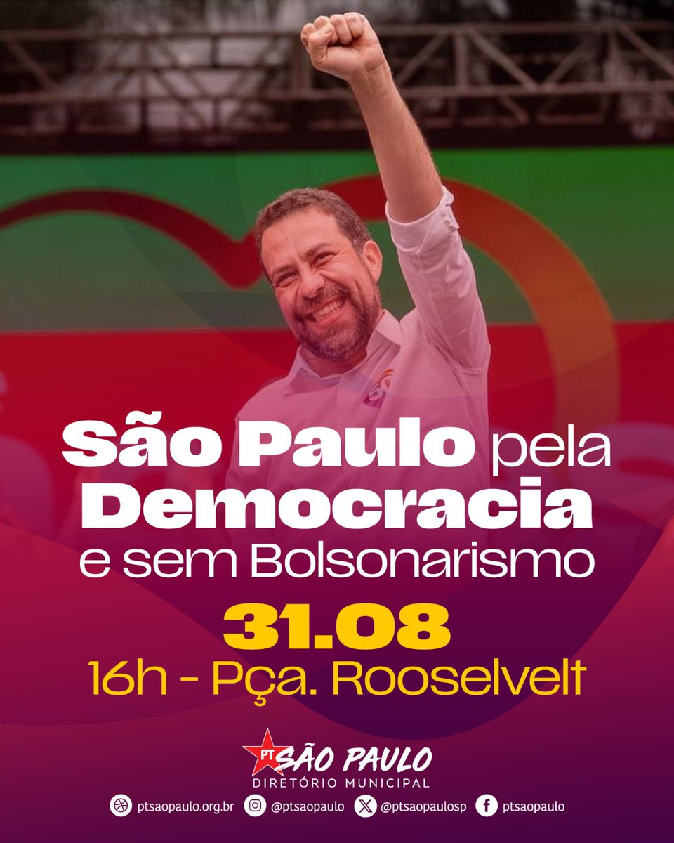 GRANDE ATO: SÃO PAULO PELA DEMOCRACIA E SEM BOLSONARISMO!
🚨Atenção, pessoal! O Boulos nos mostrou em sua live que a chapa Boulos e Marta 5️⃣0️⃣ é a única capaz de derrotar o bolsonarismo em SP. E nós, apoiadores, somos a força necessária para sairmos vitoriosos.
Compartilhe!