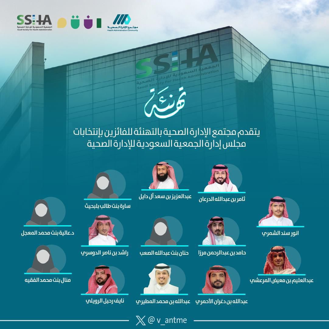تهنئة 
نبارك لأعضاء مجلس الإدارة 
الفائزين بعضوية مجلس الادارة في #الجمعية_السعودية_للإدارة_الصحية بمدينة الرياض للدورة الخامسة 
حيث أن الزميل نايف الحجيفي رئيس فرع الجمعية بمنطقة الحدود الشمالية  
هو من ضمن الفائزين بعضوية مجلس الادارة 
نتمنى له ولزملائهم التوفيق والسداد