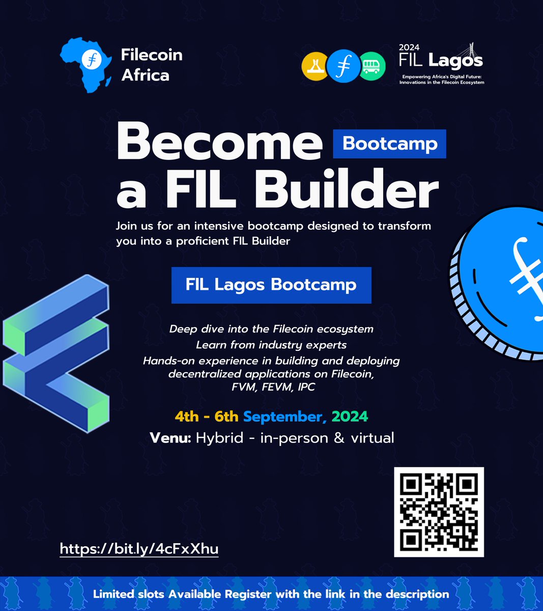 FilecoinNigeria's tweet photo. Ready to level up? Join us at FIL Builders in Lagos from Sept 4th-6th, 2024!
This hybrid event is perfect for enhancing your skills in blockchain development and technical writing.
Spots are limited, so apply early: https://t.co/HiLcd5Ul0c
#FILLagos #FILBuilders #FILInnovators https://t.co/TvKtXKA2By