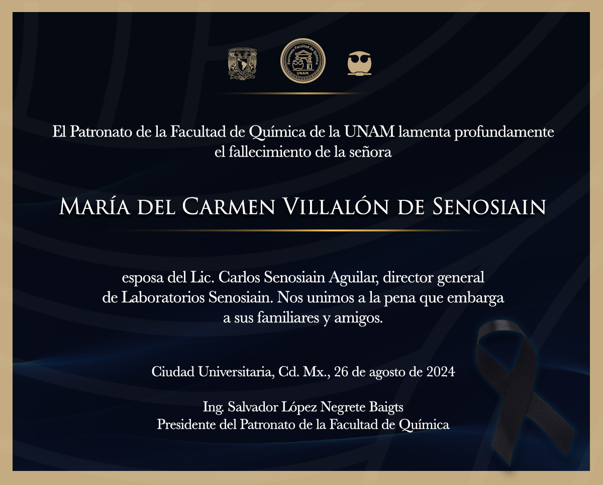 PatronatoAc's tweet photo. El Patronato de la FQ de la UNAM lamenta profundamente el fallecimiento de la señora María del Carmen Villalón de Senosiain, esposa del Lic. Carlos Senosiain Aguilar, director general de Laboratorios Senosiain, nos unimos a la pena que embarga a sus familiares y amigos. QEPD. https://t.co/qKHWJK9mLM