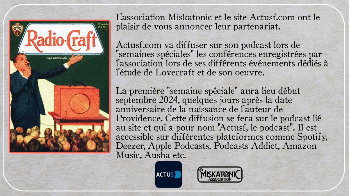 MiskatonicAsso's tweet photo. 📣Une annonce 📣 de partenariat avec @ActuSF ! https://t.co/AxHx7GpkPG
