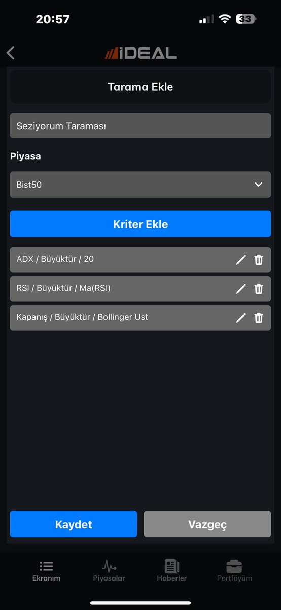 Hisse senedi taramalarına yep yeni bir boyut getiriyoruz. Siz taramalarınızı kaydedeceksiniz, bulutta anlık çalışacaklar ve size bildirim olarak gelecek. Uygulamanın açık olmasına gerek yok. Mobil uygulama dünyasında yeni bir algo boyutuna geçiyoruz. (Faz1 😎) 
#iDeal #Tarama