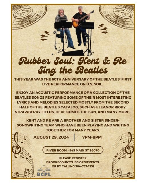 BrookePublic's tweet photo. We have a special program later this week, an acoustic performance of Beatles tunes by Rubber Soul!
#libraryevents #programalert #BeatlesTribute https://t.co/0IqMSJALLe