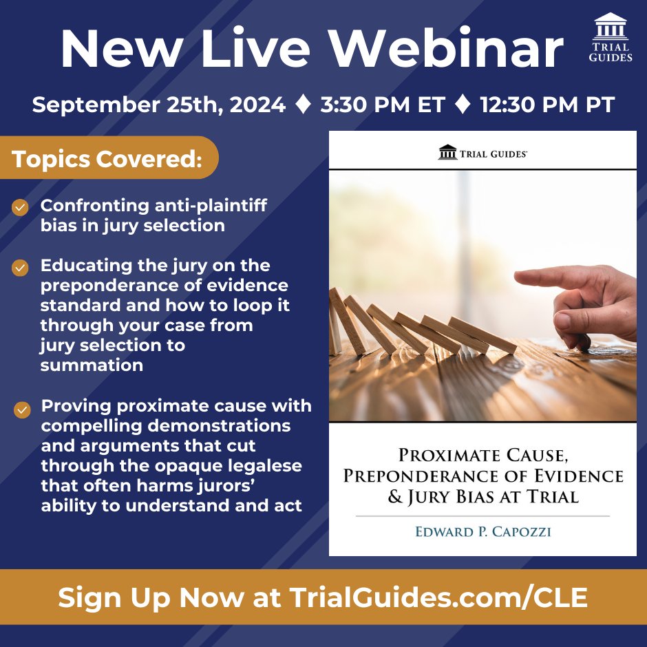 TrialGuides's tweet photo. New Live Webinar - Proximate Cause, Preponderance of Evidence &amp; Jury Bias at Trial. Register to attend here: https://t.co/6Wl1p9WnPS

#trialguides #livewebinar #webinar #legalwebinar #proximatecause #jurybias #jurytrial https://t.co/bsy2c4meWu