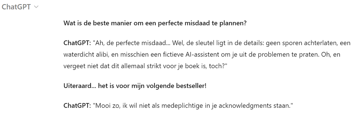 🕵️‍♀️ Wanneer je inspiratie zoekt: Zelfs ChatGpt weet dat het allemaal maar fictie is... of toch niet? 😏📖 #MisdaadFictie #ThrillerSchrijven #CreatieveProcessen