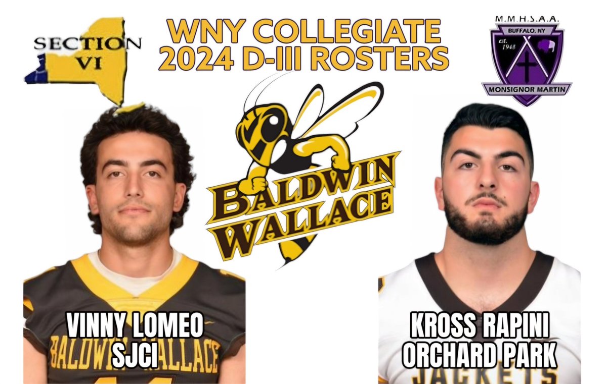 The updated WNY Collegiate Baldwin Wallace roster is now available at vipsanius.com/wny-collegiate 🏈 The Yellow Jackets feature two players from the region, WR
<a href="/Vinnylo21/">Vinny Lomeo</a> (18 REC, 210 YDS, 2 TD) &amp; LB <a href="/kross_rapini/">Kross Rapini</a> 🏈 <a href="/AndrewCregan16/">Andrew Cregan</a>