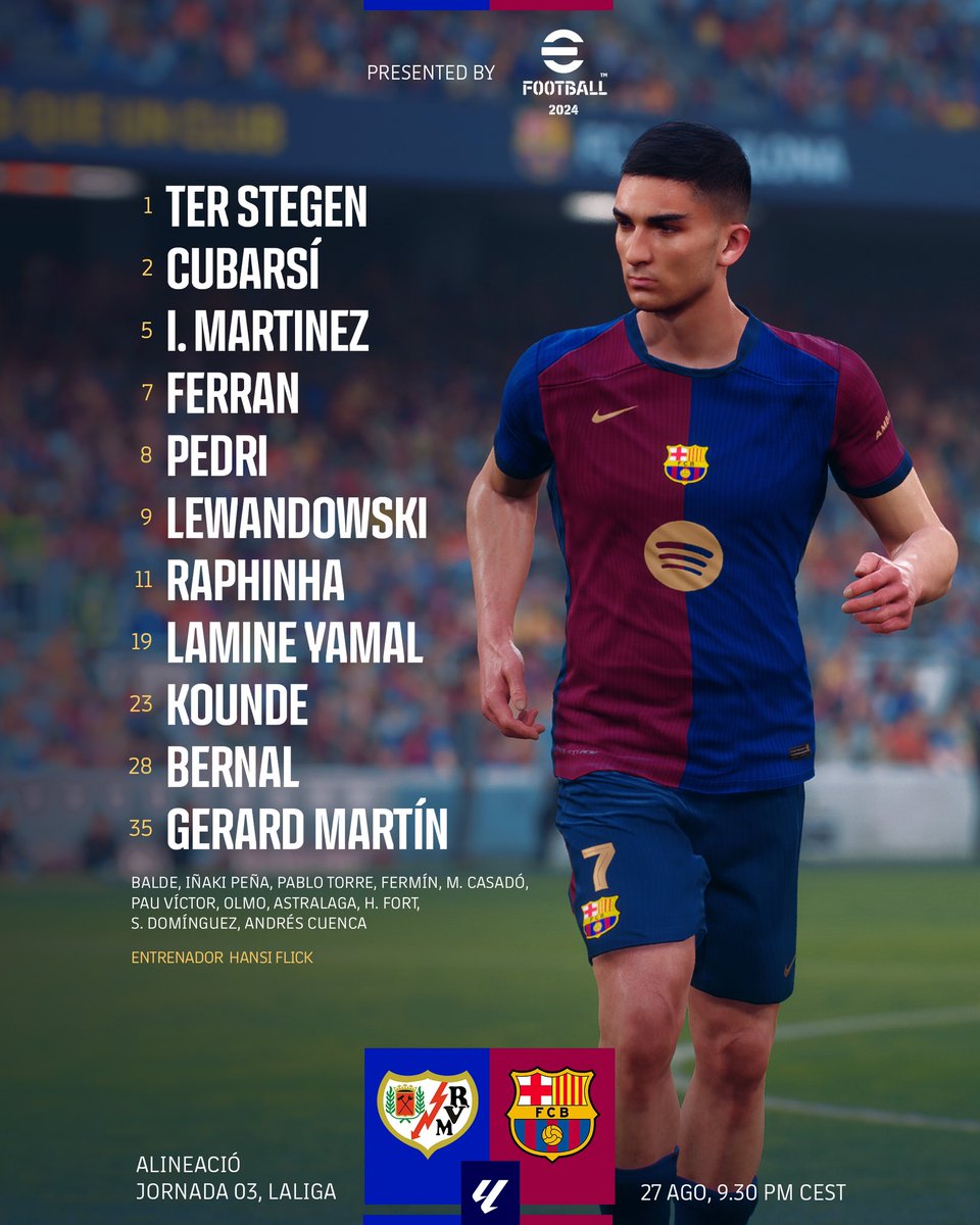 _BarcaInfo's tweet photo. 👥 Skład FC Barcelony na mecz z Rayo Vallecano. [@FCBarcelona] https://t.co/yp2mvo5XyN