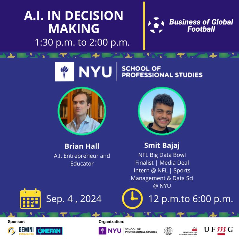 ⚽ English 
🎉It is with great pleasure that we announce A.I in Decision Making, the second confirmed panel for the Business of Global Football 2024!

The panel will be presented by Brian Hall, A.I Entrepreneur and Educator, and Smit Bajaj, Media Deal Intern @ NFL and Sports