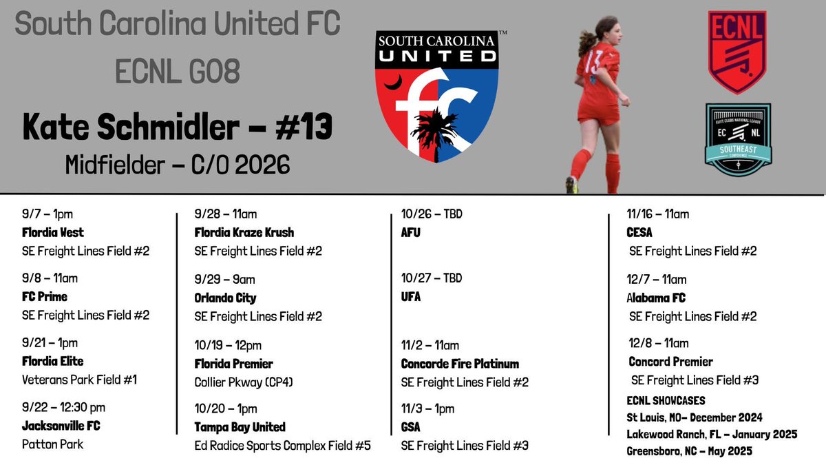 kate_schmidler's tweet photo. Here’s my @SCUnited_fc ECNL 08 team schedule for the 2024-2025 season! Can’t wait!  @tikitakaklu @ImYouthSoccer @PrepSoccer @TannerOsborne27 @ECNLSoutheast @ECNLgirls @TopDrawerSoccer
@TheSoccerWire https://t.co/xJkxdxk1US