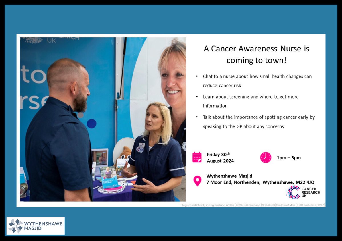 There will be a CRUK stall outside the Masjid during Friday prayers sharing information about:
- Reducing cancer risk
- Screening for cancer
- Recognising symptoms early
- Speaking to GP

📅 Friday 30th August

🕒 1pm - 3pm

Wythenshawe Masjid