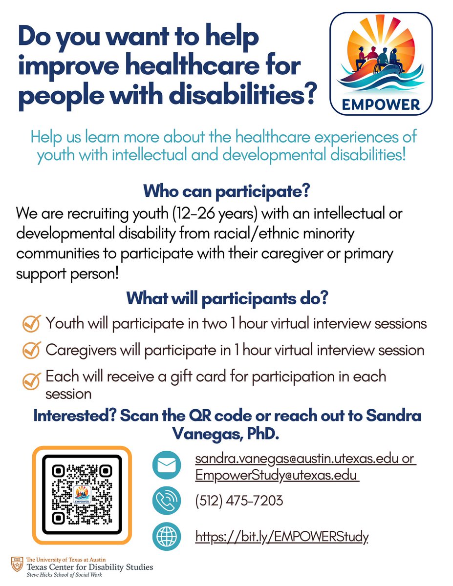 svanegas18's tweet image. The EMPOWER Study is currently recruiting youth with intellectual and developmental disabilities from racial/ethnic minority backgrounds and their caregivers who live in the United States. #healthcare #transition #autism #IDD #Disability