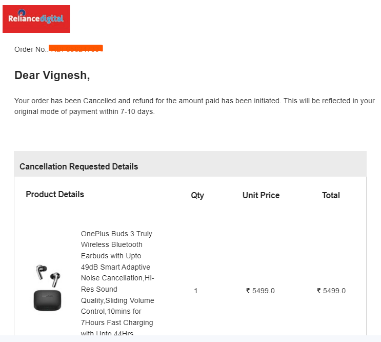 vigneshjayacha1's tweet image. I never initiated this transaction! Reliance Digital rejected my order without a clear explanation. It's unfair that I lose out on both my Bluetooth earbuds and have to wait for my refund. #RelianceDigitalFail #CustomerServiceFail