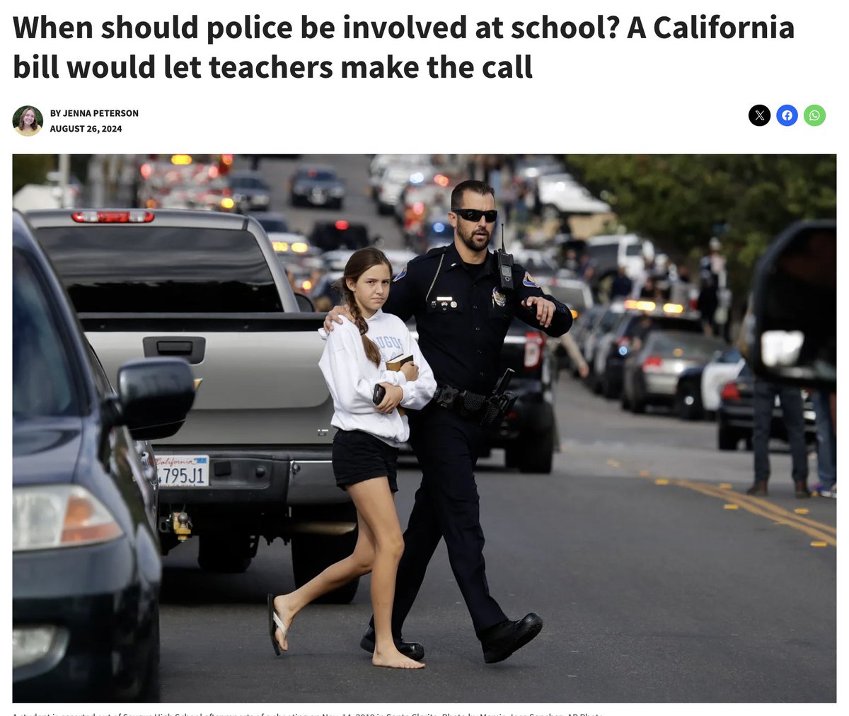 The data is clear: when law enforcement is required to come onto campus, those that they choose to arrest are disproportionately people w/disabilities &amp; students of color.

It's time to sign AB 2441 to protect students &amp; teachers.

calmatters.org/politics/capit… via <a href="/jennarpetersonn/">Jenna Peterson</a>