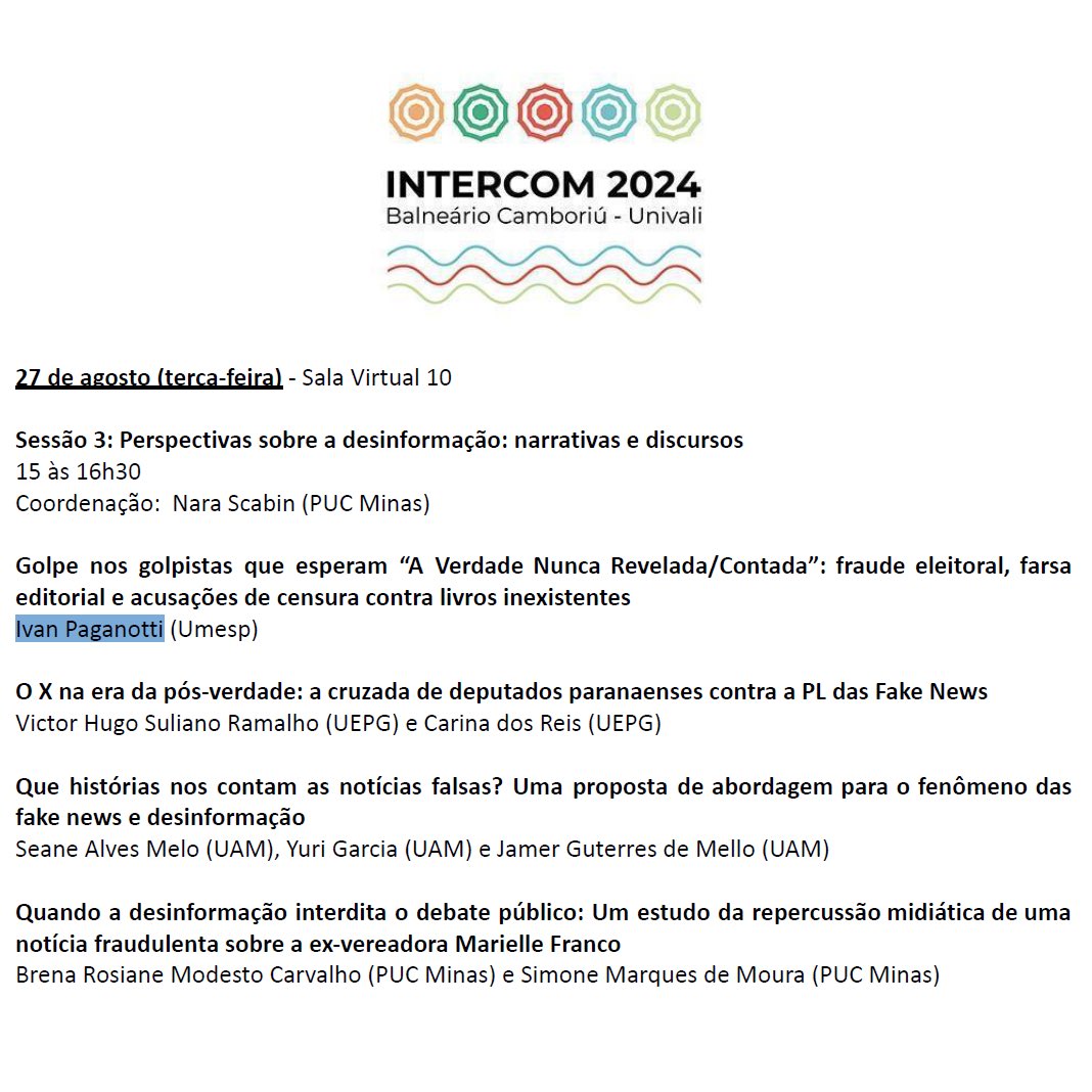 ivanpaganotti's tweet photo. No Intercom, apresentando a pesquisa "Golpe nos golpistas que esperam 'A Verdade Nunca Revelada/Contada': fraude eleitoral, farsa editorial e acusações de censura contra livros inexistentes", no GP Comunicação, Mídia e Liberdade de Expressão. https://t.co/BaYDH3nTL7 https://t.co/S9voVOoswZ