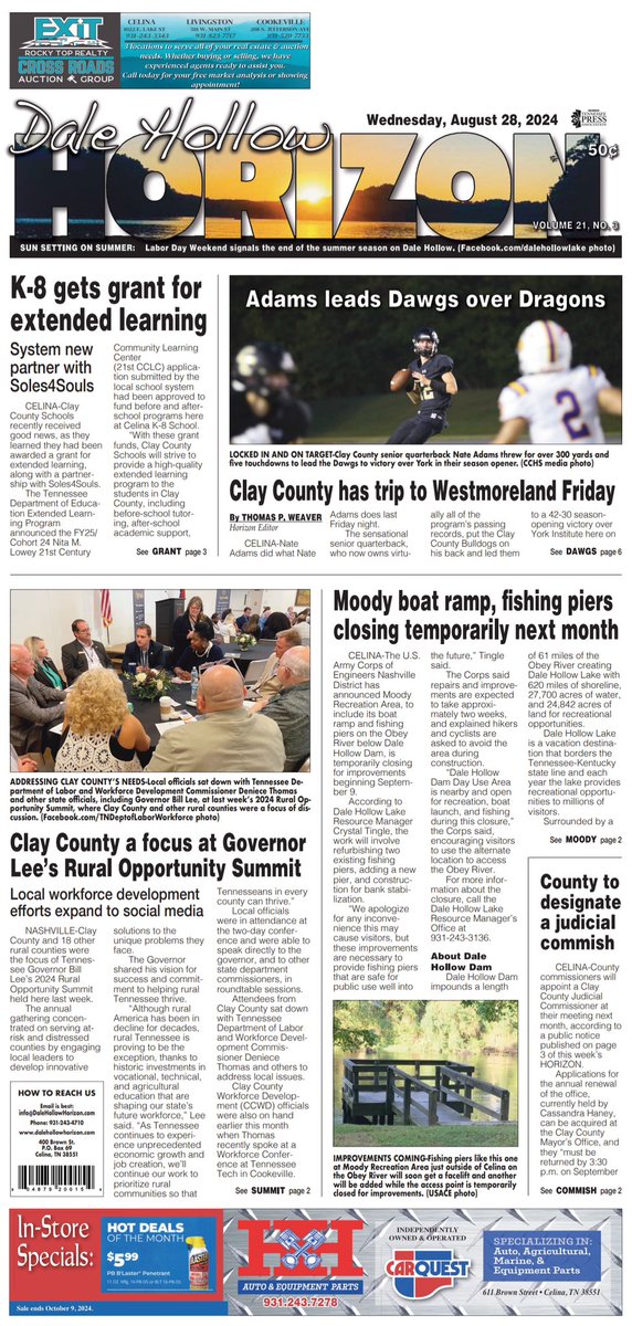 IN THIS WEEK’S NEWSPAPER:

Read about sensational senior QB Nate Adams leading the Dawgs to victory over York with a big performance;

Learn about a grant and partnership for local schools; and

Discover more coverage of all things Clay County in this week’s Dale Hollow Horizon.