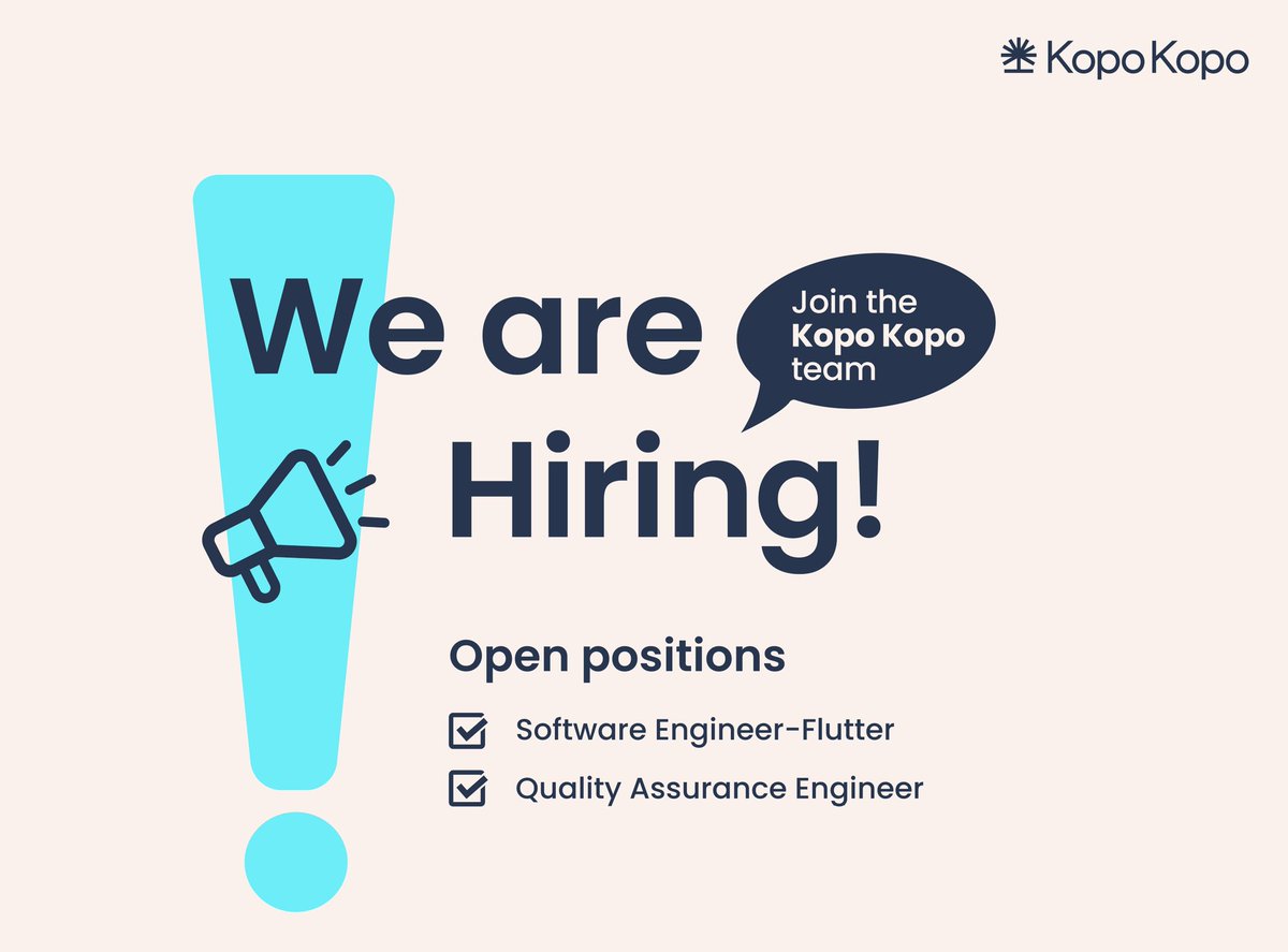 KopoKopoInc's tweet photo. Join the Kopo Kopo team! We are hiring for two exciting roles:

 • Software Engineer-Flutter
 • Quality Assurance Engineer

View detailed job descriptions and apply today at: https://t.co/lsnFX74QC4 https://t.co/VXjDxXHLuy