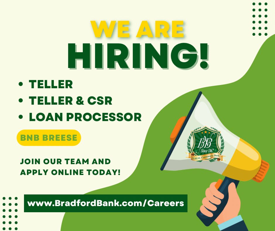 BNB1867's tweet photo. Join our team!🤩

We are currently hiring for our new location in Breese! For more information on open positions, visit https://t.co/RLpMG7Y8Y3 and submit your application today! https://t.co/8ee2fk1Vox