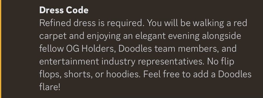 It's both hilarious and completely necessary that <a href="/doodles/">doodles</a> had to kick out an announcement about the dress code at the Toronto International Film Festival.

Us NFT mfers would wear hoodies and joggers to our cousin's wedding if you don't give us specific instructions not to.