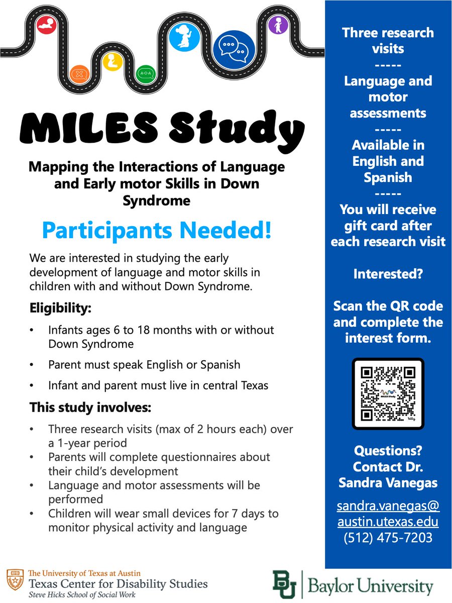 svanegas18's tweet image. The MILES Study is currently recruiting families with an infant or toddler (age 6 to 18 months) with and without Down Syndrome in central Texas to participate in a longitudinal study. #DownSyndrome #Trisomy21 #T21 #DownSyndromeAwareness #Texas