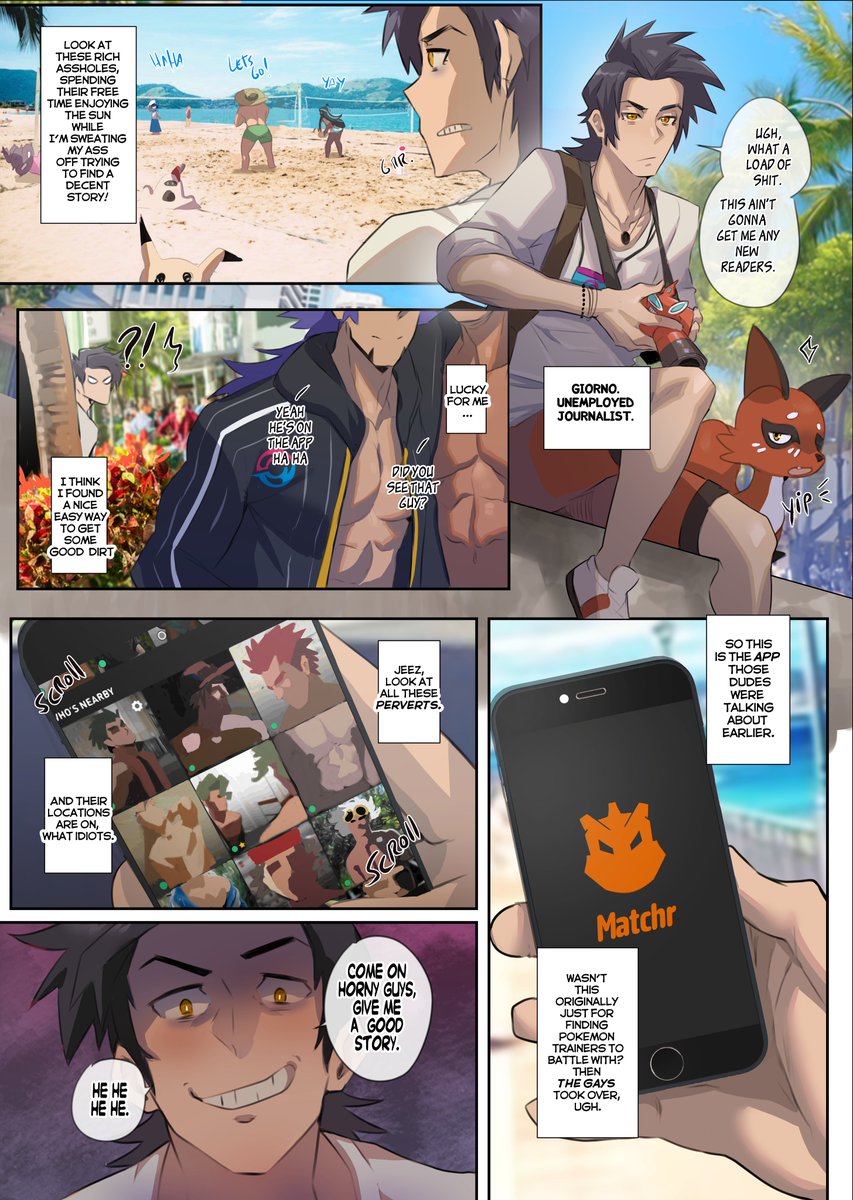 Robodraws's tweet photo. New Release 🌴📸 "Trainer in heat" follows Giorno as he discovers all the "activities" the male Pokémon trainers engage in secret, both in and out of social media!

Don't miss his -extra revealing- report in this month's comic.😉

17(!) pages Available now on p4₮Ի30ñ! https://t.co/RNH2mSSaWy