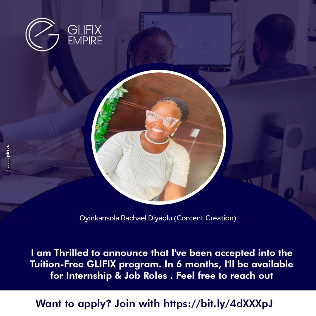 Happy to announce, I’ve been accepted into the 6 month Tuition-Free <a href="/Glifix_empire/">GLIFIX EMPIRE</a> internship program. I’ll be available for remote Jobs. Feel free to reach out.

If you’re interested in joining the next cohort, go to: forms.gle/avajuLwgUSUEbM…