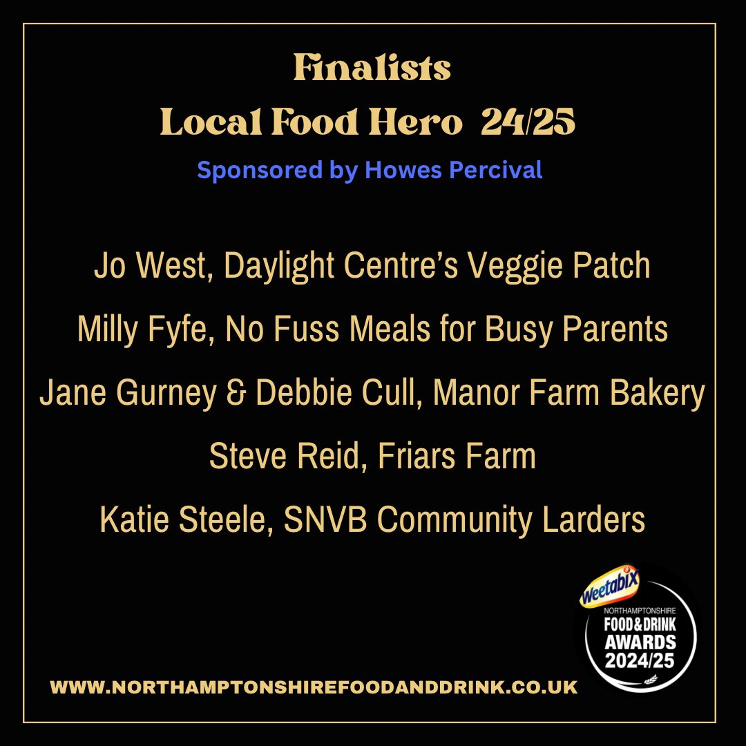 Finalists - Local Food Hero

Here are this year’s Local Food Heroes, all making a remarkable impact in our community! 

Do look them up and support their work ✨

Winners will be announced at the annual Awards Celebration on 17th October 2024, at the Royal &amp; Derngate Theatre ✨