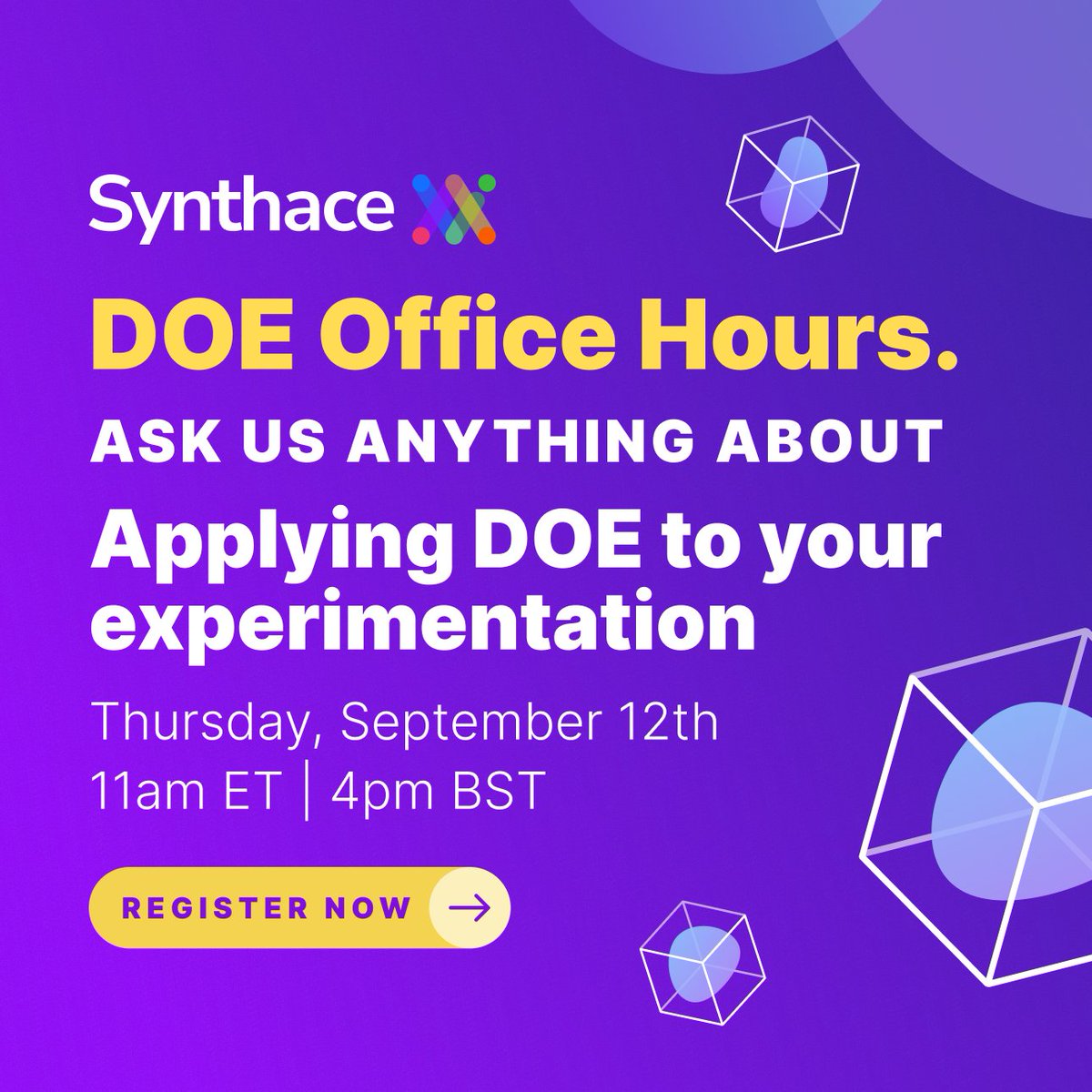 synthace's tweet image. 🧬 Is DOE too complex for bio research?

Join Synthace's DOE Office Hours webinar with our in-house experts to learn how to apply DOE, boost reproducibility &amp;amp; design smarter experiments.

📅 Sept 12, 11am ET / 4pm BST 🔗 synthace.com/resources/webi…

#DOE #lifesciences #labautomation