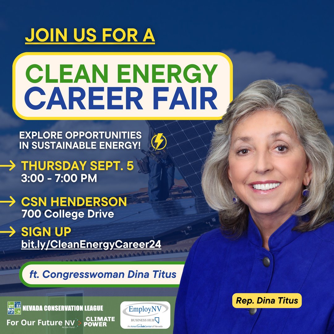 Join us for the Clean Energy Career Fair on Thursday, September 5th, from 3:00 to 7:00 PM PT at CSN Henderson! Whether you're just starting out or looking to advance your career, this is your chance to explore opportunities! 

RSVP now: bit.ly/CleanEnergyCar…
