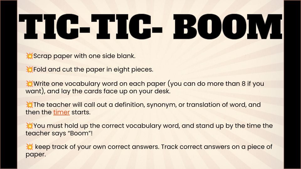 🎉 Check out this awesome game Tick Tick Boom for vocab review! Students fold paper into eight sections, and  call out definitions while they race to find the right answer. It's super engaging and a great way to learn!

buff.ly/46WSgps