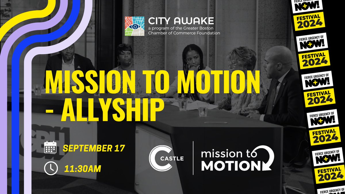Join us at the 2024 Fierce Urgency of Now Festival! 

Don't miss <a href="/CastleGRP/">The Castle Group</a>'s session, Mission to Motion, highlighting the power of allyship and its transformative impact on our business community. 

Let's learn, celebrate, and lead together! 

bostonchamber.com/events/2024-fi…