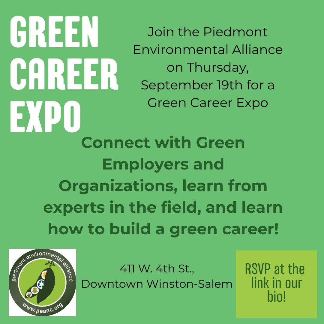 The Piedmont Environmental Alliance is hosting a Green Career Expo on Thursday, September 19th! Connect with career experts and learn about green careers! Link in our bio for registration and more information.