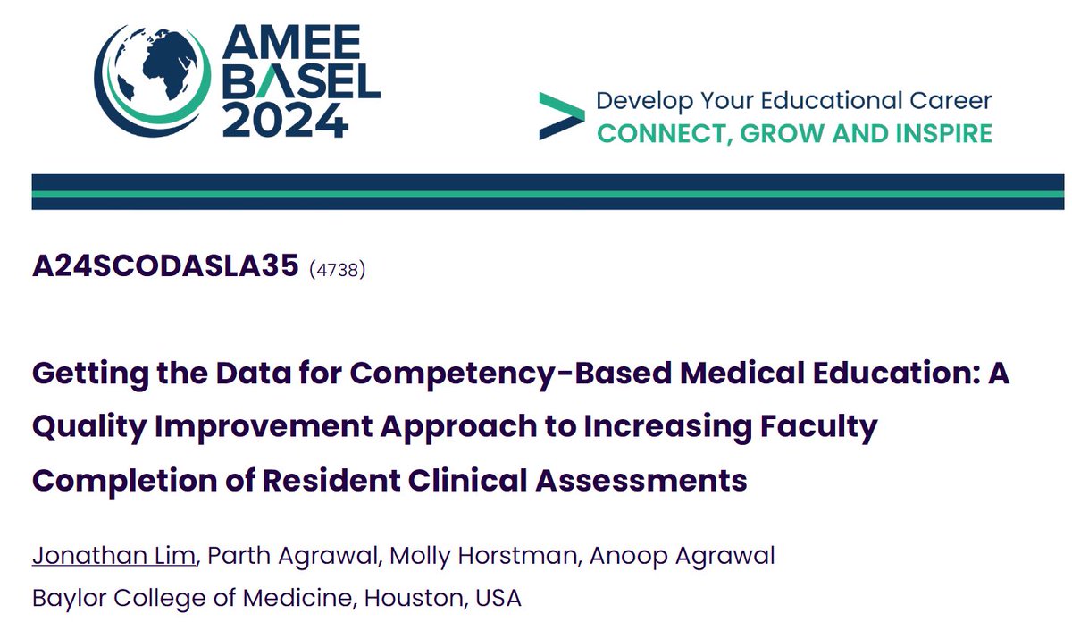 Though I am attending asynchronously and virtually, I am loving seeing all the great #AMEE2024 content!

Parth Agrawal, @mjhorstman, and <a href="/iattending/">Anoop Agrawal</a> and I have a Short Communication on Demand that you can catch online.

Proud to represent <a href="/BCM_InternalMed/">BCM IM Residency</a> <a href="/BCMDeptMedicine/">BCM Department of Medicine</a> at AMEE