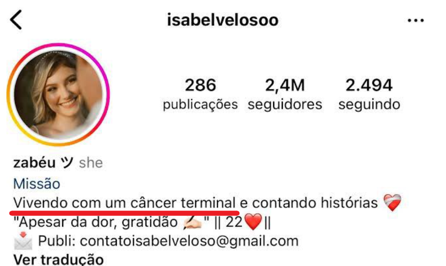 GabPerline's tweet photo. Isabel Veloso agora diz que NUNCA afirmou ter um câncer terminal. Isso é só mais uma mentira para se vitimizar. Antes de ser exposta, seu perfil no Instagram destacava essa informação falsa para sensibilizar e fzr de trouxa milhões de seguidores. https://t.co/FX5IfMO8BY
