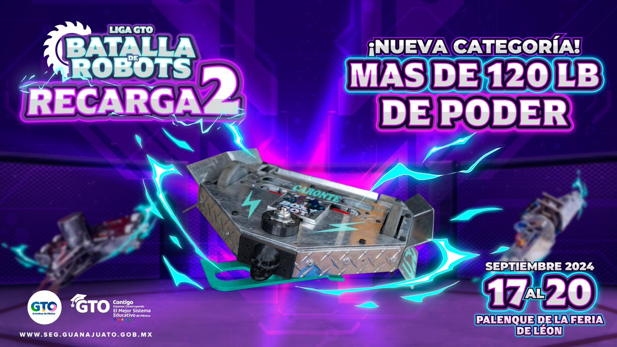 ¡Prepárate para la Batalla de Robots Liga GTO  Recarga2! ⚡🤖

Robots de 120 libras chocarán en la nueva categoría, ¡será un espectáculo de pura fuerza! 💥🔧

📲 No te pierdas la transmisión en las redes oficiales de @gobiernogto y <a href="/tv4guanajuato/">TV4 📺📱💻</a> 

#BatallaDeRobotsGTO #Recarga2