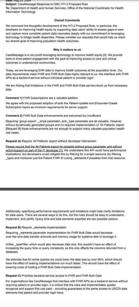 Comment by <a href="/caremessage/">CareMessage</a> 

Super interesting one about the deficiencies of the bulk FHIR criteria. Likes Subscriptions and bulk FHIR updates, but has practical suggestions like an "all patients" group, support for "_elements", and ensuring backend auth is usable for both bulk FHIR