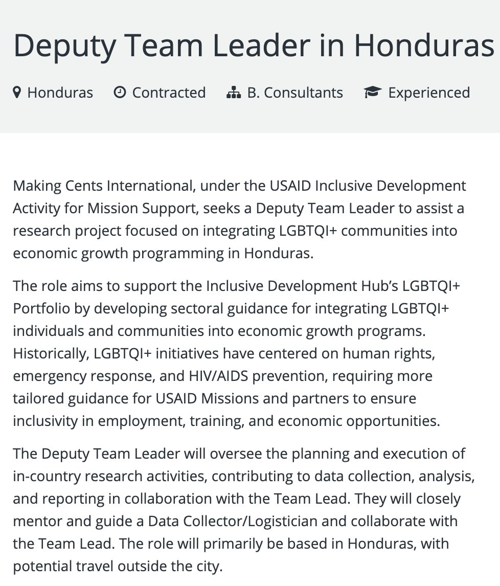 ¡¡¡OPORTUNIDAD HONDURAS!!! Making Cents International y USAID buscan personas consultoras locales. Serías parte de un equipo presencial para un proyecto de investigación sobre empoderamiento económico LGBTIQ+. RT por favor!

makingcentsintl.applytojob.com/apply/moihssLC…

makingcentsintl.applytojob.com/apply/Ik0d3gsy…