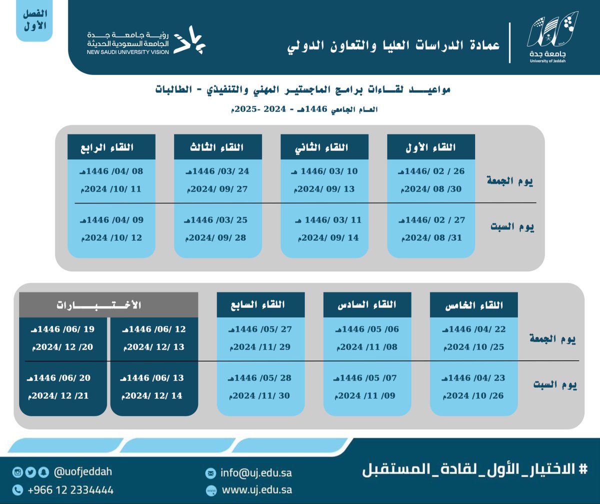 dgsic_uj's tweet photo. 📢 تنويه هام لطلاب وطالبات برامج الماجستير المهني والتنفيذي 📢

يسر عمادة الدراسات العليا والتعاون الدولي بجامعة جدة أن تعلن عن مواعيد اللقاءات لبرامج الماجستير المهني والتنفيذي للفصل الدراسي الأول من العام الجامعي 1446هـ - 2024م بحسب الجدول المرفق.

#جامعة_جدة  #الاختيار_الأول https://t.co/PIIVT0o3Nh