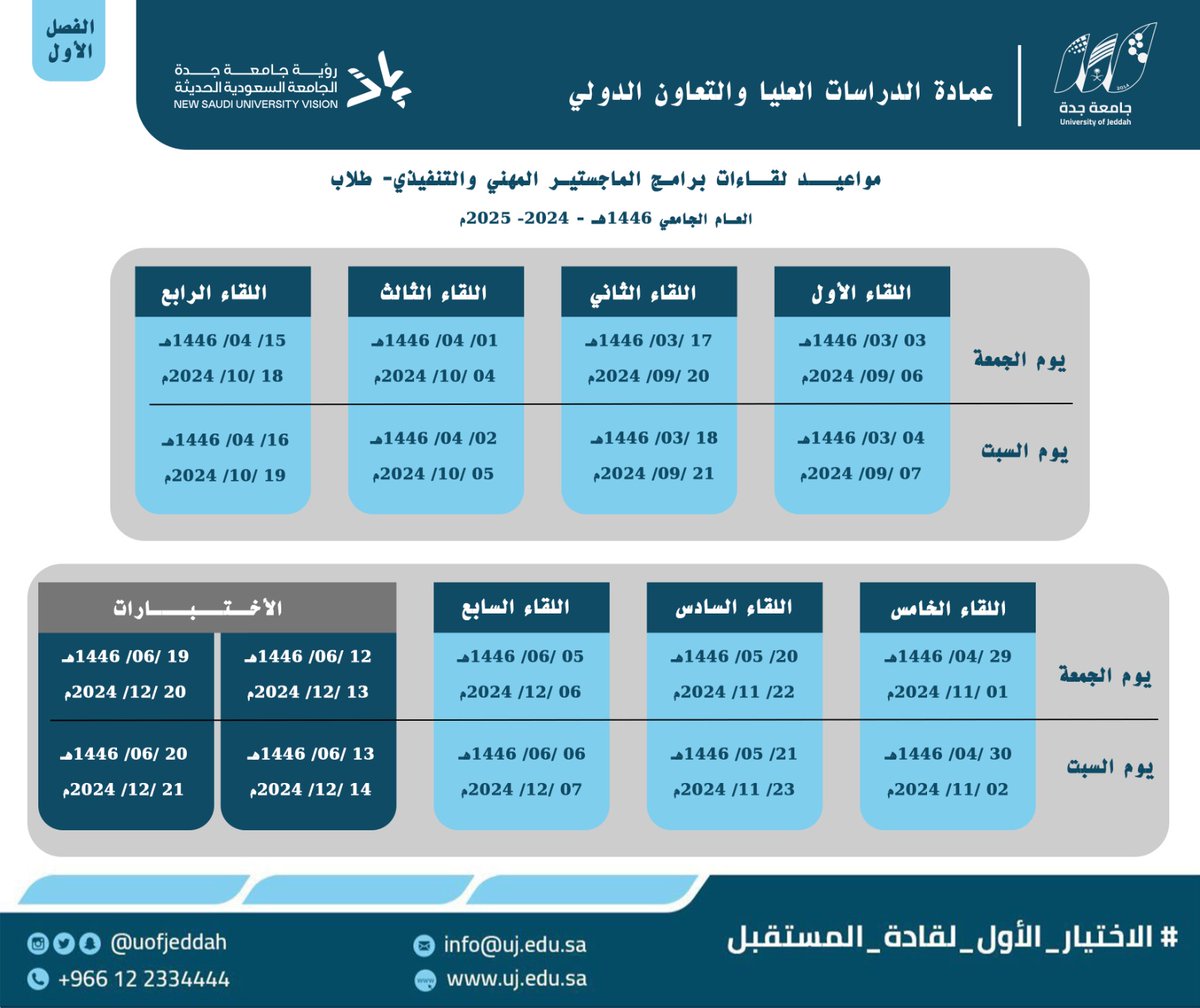 dgsic_uj's tweet photo. 📢 تنويه هام لطلاب وطالبات برامج الماجستير المهني والتنفيذي 📢

يسر عمادة الدراسات العليا والتعاون الدولي بجامعة جدة أن تعلن عن مواعيد اللقاءات لبرامج الماجستير المهني والتنفيذي للفصل الدراسي الأول من العام الجامعي 1446هـ - 2024م بحسب الجدول المرفق.

#جامعة_جدة  #الاختيار_الأول https://t.co/PIIVT0o3Nh
