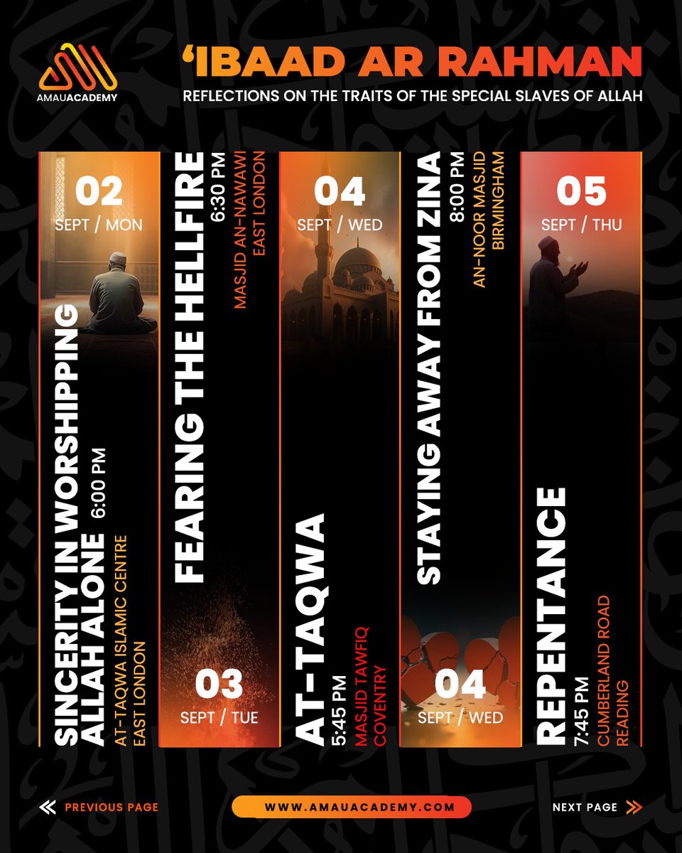AMAUofficial's tweet image. AMAU Academy invites you to a special series of motivational lectures by Ustadh Abdulrahman, taking place at various masjids across the UK from 30th August to 8th September, inshaa&apos;Allaah

In this series, Ustadh Abdulrahman Hassan will reflect upon the traits of &apos;Ibaad Ar Rahman