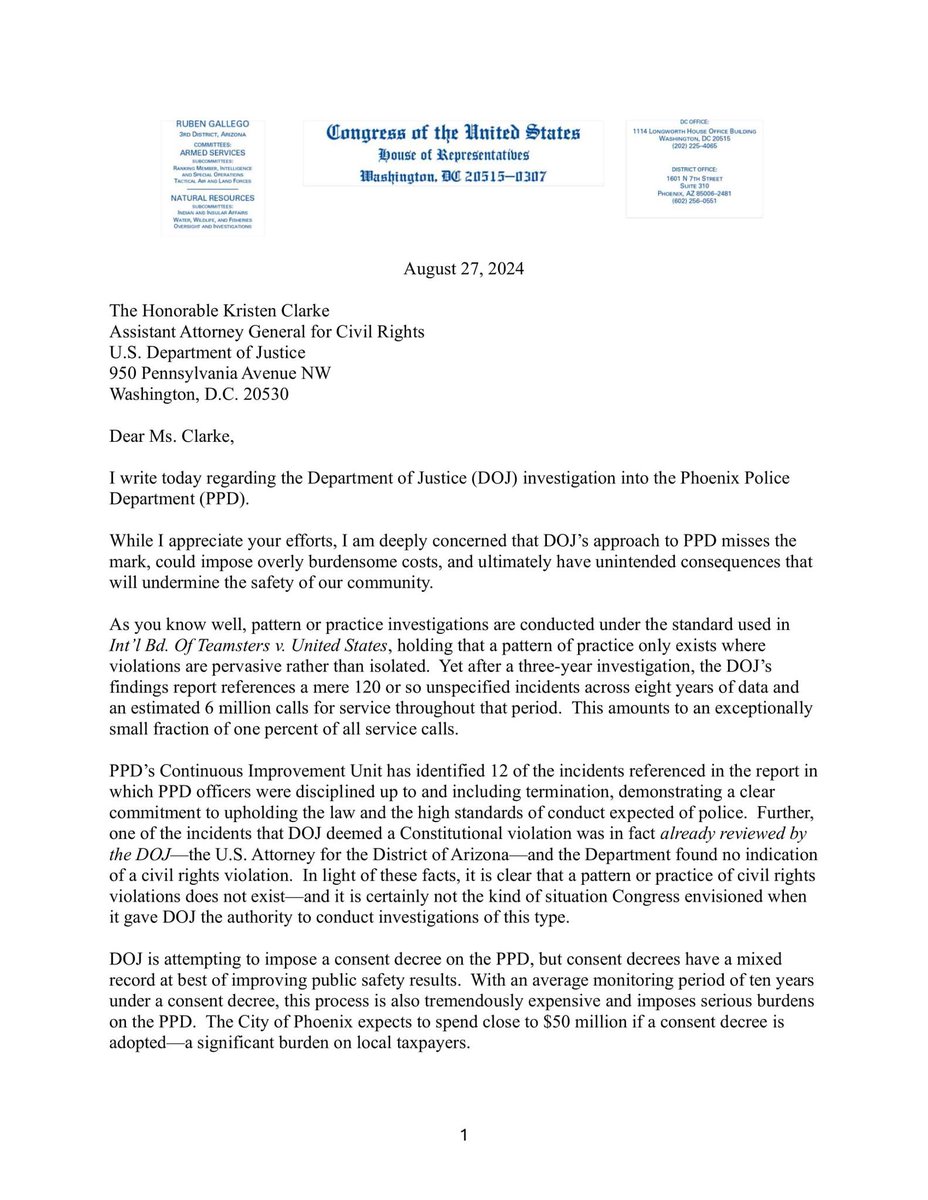 DaveBiscobing15's tweet photo. This letter was just posted on the Phoenix police union's Facebook. 

Seems like we now know how @RubenGallego got his surprising endorsement yesterday in his race for U.S. Senate. https://t.co/rNtfmyoPK3