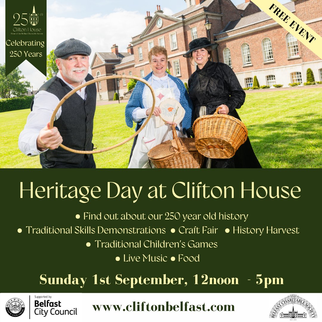 The 2nd event happening, on Sun 1st Sept, is a biggie...the flagship event in our 250th anniversary calendar! 

A day crammed full of activities inc our first History Harvest with <a href="/GreatplaceB/">Great Place North Belfast</a> . 

Best of all...its FREE! cliftonbelfast.com/event/heritage…
#NorthBelfastHour <a href="/NBelfasthour/">NorthBelfastHour</a>